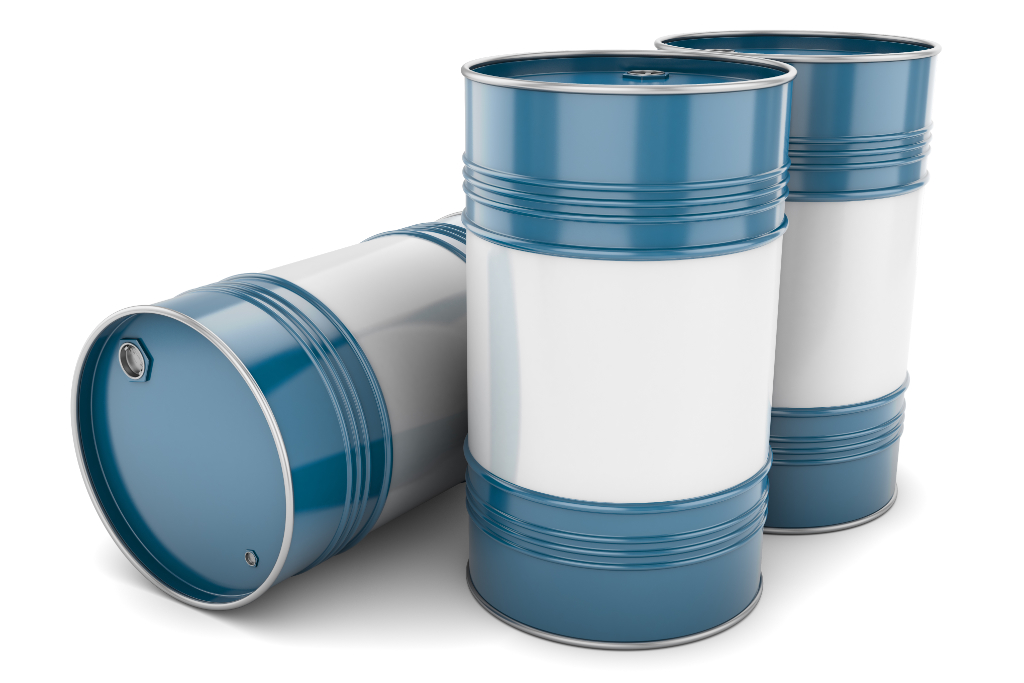 Metal drums painted blue with white middle banding.