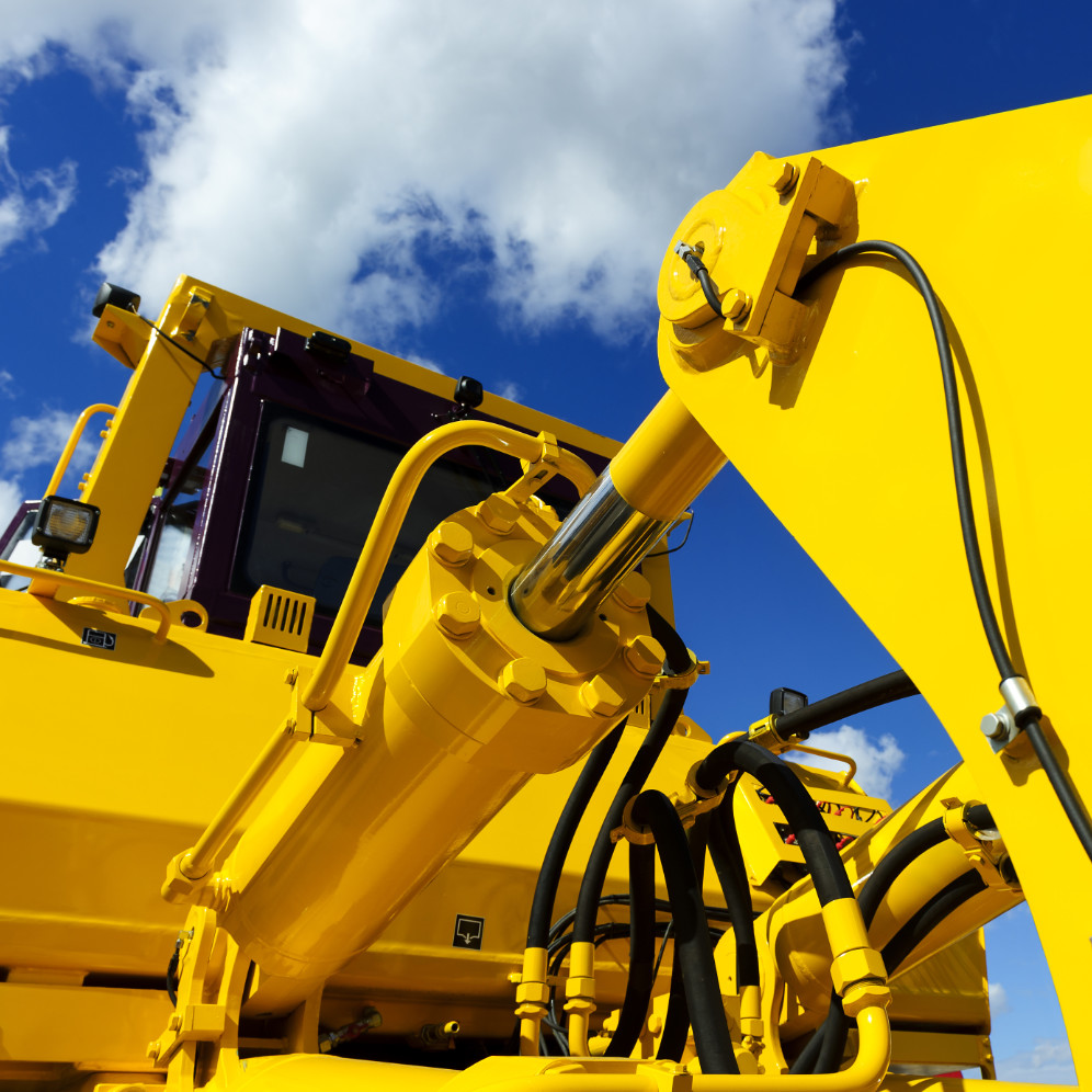 Bulldozer, huge yellow powerful construction machinery with big