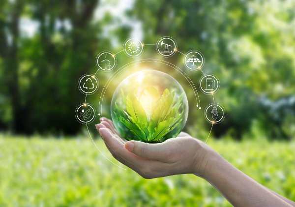 Hands protecting globe of green tree on tropical nature summer background, Ecology and Environment concept.